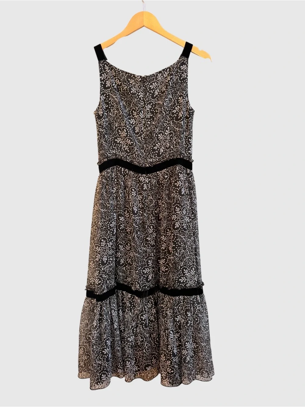 Loft black white floral velvet detail ruffle midi dress
